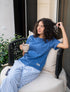 Women summer pajama set Indigo Tee + White X Indigo Stripes Pants